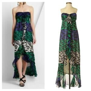 BCBGMaxAzria 100% Silk Ruffle Abstract Strapless Dress Party Prom Event Sz 0